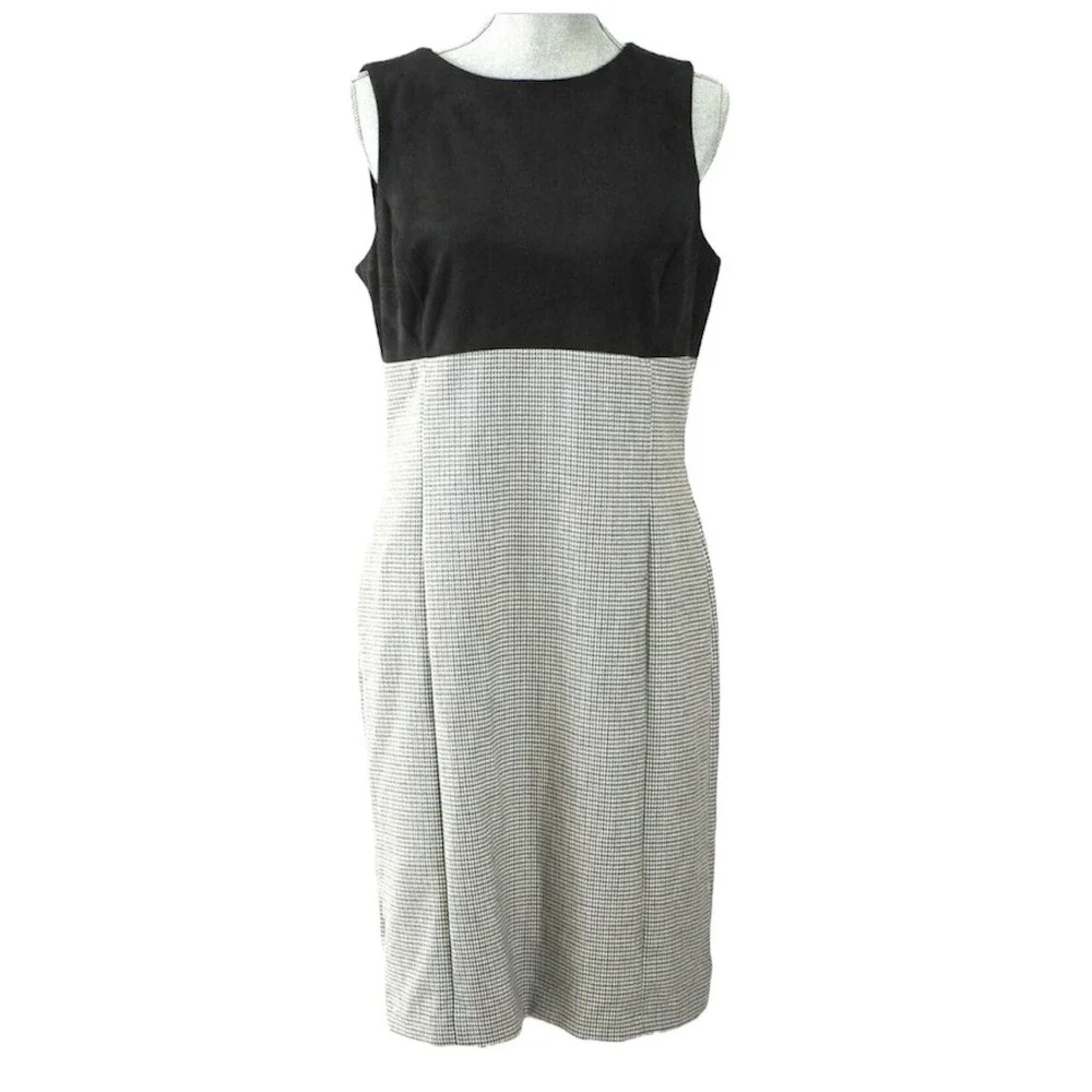 LAUREN RALPH LAUREN Black Suede Bodice Houndstooth Print Sleeveless Dress‎ Sz 16
